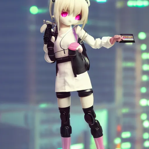 Image similar to cute fumo plush of a girl with a prosthetic mechanical arm, bokeh, cyberpunk anime girl, vray