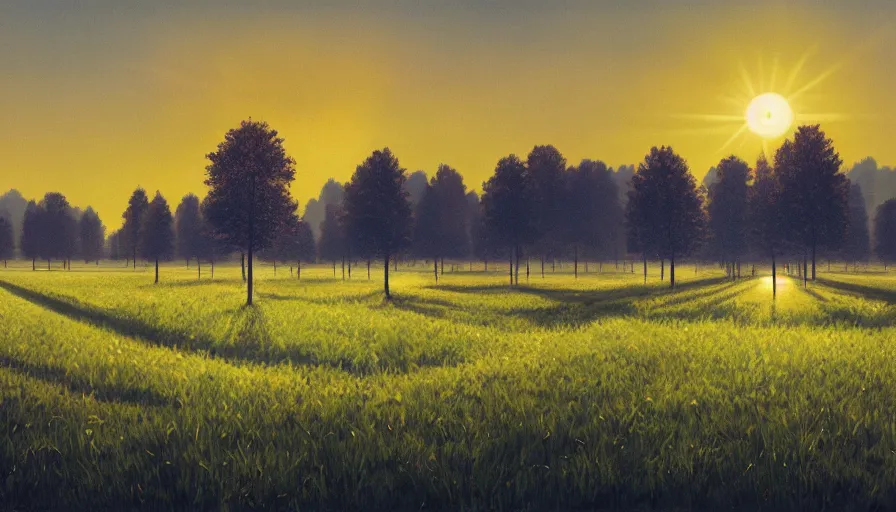 Image similar to solar panel farm, sun in the sky, open field, early morning, single tree, simon stalenhag