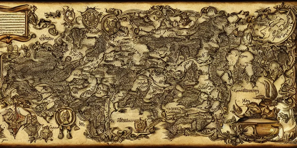 Prompt: old world fantasy style map, HD, 4k, 8k, high detail!!, intricate, masterpiece, trending on artstation, encyclopedia illustration, illuminated manuscript