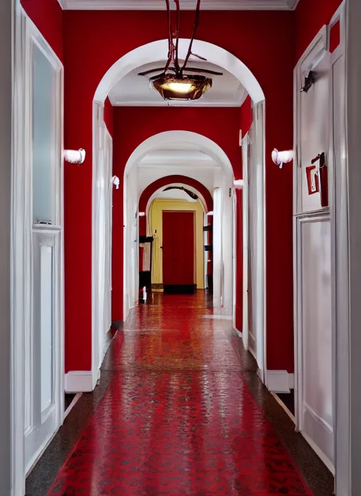 Image similar to a photograph of a hallway designed by Billy Baldwin, red color palette, 35mm, pentax, studio lighting