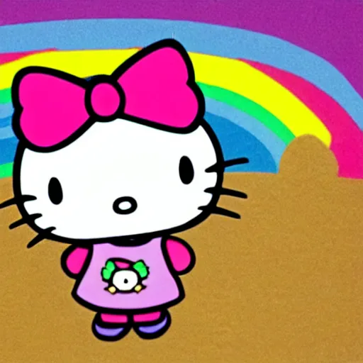 Image similar to Hello kitty standing on a rainbow,