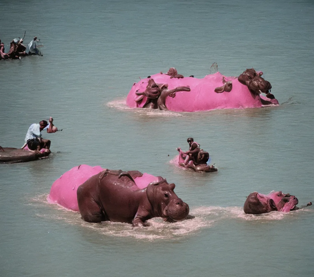 Image similar to a 3 5 mm photography, kodachrome colour of one grandpa riding a hippo in a pink lake, taken by martin parr