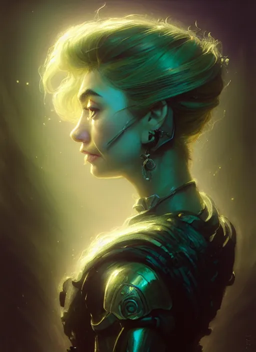 Image similar to side portrait, imogen poots, deathknight, gloomhaven, soft, smooth, luminescent, art nouveau, haunting, pale green backlit glow, evil inky swirly ripples, sickly colors, 8 k, by greg rutkowski, jesper ejsing, rhads, ilya kuvshinov, cushart krenz