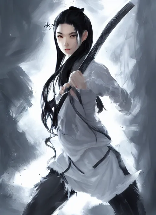 Prompt: a highly detailed illustration of fierce messy ponytail black haired one armed delinquent japanese woman wearing white cap wearing long white jacket, dramatic wielding sword pose, muscular, intricate, elegant, highly detailed, centered, digital painting, artstation, concept art, smooth, sharp focus, league of legends concept art, wlop.