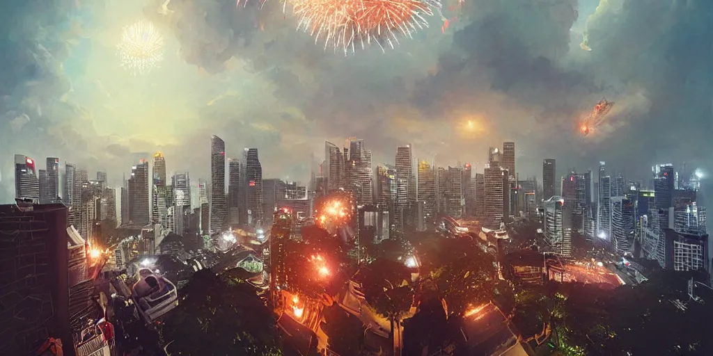 Image similar to Singapore city with a lion-shaped!!!!! cloud in the sky and fireworks in the sky, by greg rutkowski, red and white lighting, digital art, ultra realistic, ultra detailed, photorealistic, 4k, character concept