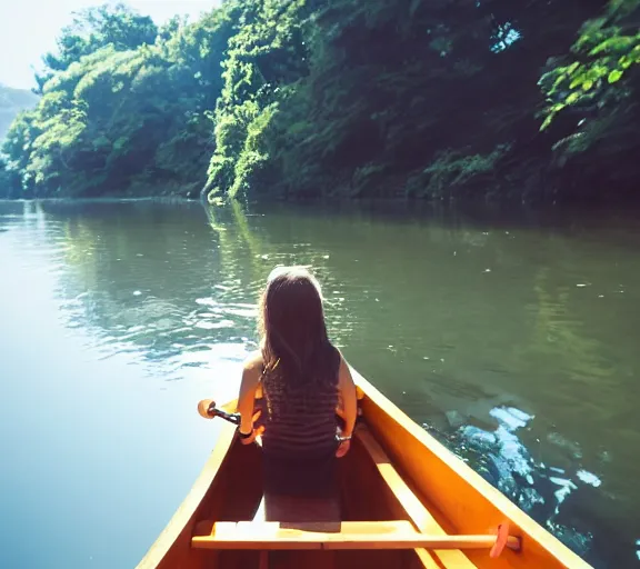 Image similar to a girl rowing a small rowboat, girl is focus, medium shot. Narrow river, close river bank, shady, forest, jungle, vines, trees, ripples, reflections. By Makoto Shinkai, Stanley Artgerm Lau, WLOP, Rossdraws, James Jean, Andrei Riabovitchev, Marc Simonetti, krenz cushart, Sakimichan, D&D trending on ArtStation, digital art.