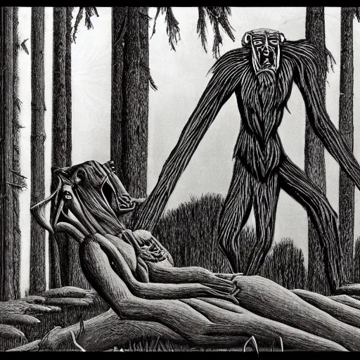 Image similar to wendigo in the woods of Maine illustration by Chris Van Allsburg