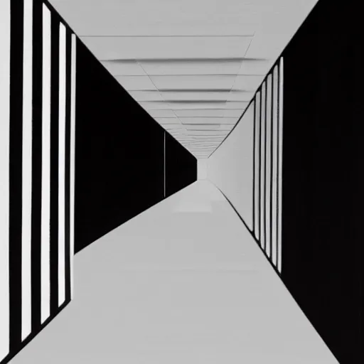 Image similar to a solemn simulacrum, standing inside an infinite corridor, trending on artstation, abstract black and white painting, masterpiece, 8K