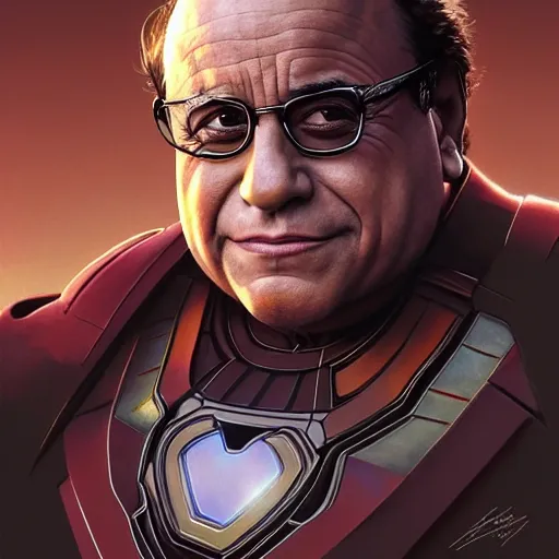 Image similar to handsome Danny DeVito in an Iron Man suit, western, D&D, fantasy, intricate, elegant, highly detailed, digital painting, artstation, concept art, matte, sharp focus, illustration, art by Artgerm and Greg Rutkowski and Alphonse Mucha