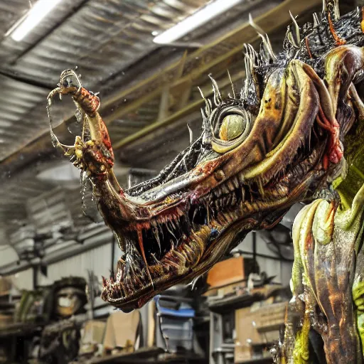 Image similar to photo taken of an epic intricate, ultra detailed, super realistic gritty, hero prop, exquisitely painted animatronic movie prop of a grotesque wet, slimy nightmarish hellish alien creature displayed in the workshop, created by weta workshop, full body shot, photorealistic, sharp focus