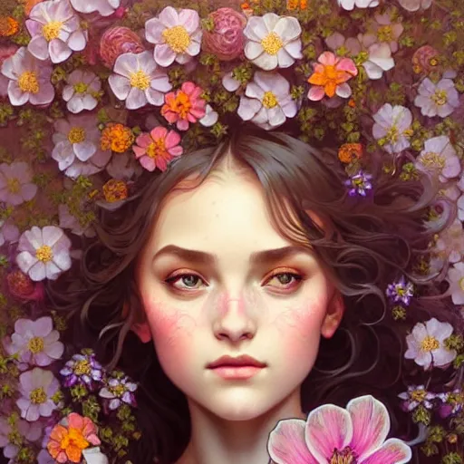 Image similar to Portrait of a girl surrounded by flowers, face, fantasy, intricate, elegant, highly detailed, digital painting, artstation, concept art, smooth, sharp focus, illustration, art by Fernanda Suarez and Artem Demura and alphonse mucha