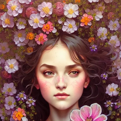 Prompt: Portrait of a girl surrounded by flowers, face, fantasy, intricate, elegant, highly detailed, digital painting, artstation, concept art, smooth, sharp focus, illustration, art by Fernanda Suarez and Artem Demura and alphonse mucha