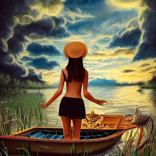 Prompt: digital art girl in straw hat with dragon tatoo with lights traveling around swamp in boat