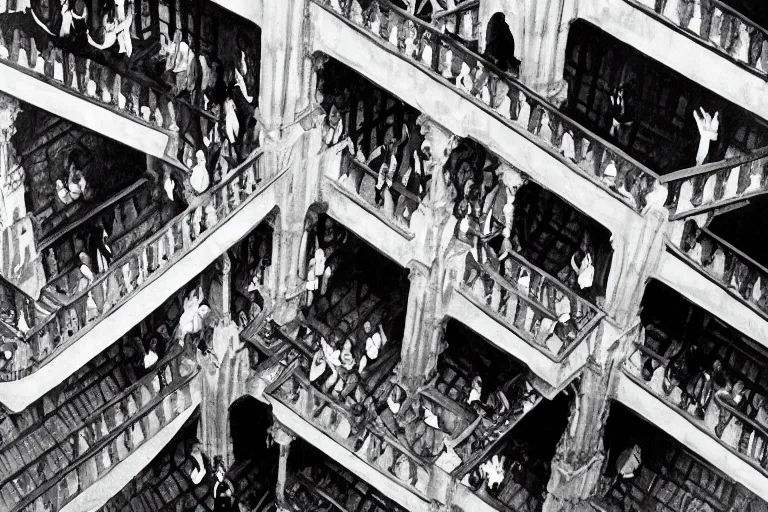 Prompt: Hogwarts stairwell, looking down from above,by MC Escher black and white