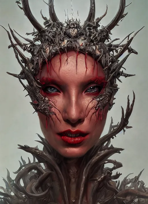 Image similar to a hyper detailed full face portrait of human transforming into the queen of blades, diablo 4 lilith, sideshow figurines, by dorian cleavenger, greg rutkowski, wlop, astri lohne, zdzisław beksinski trending on artstatio