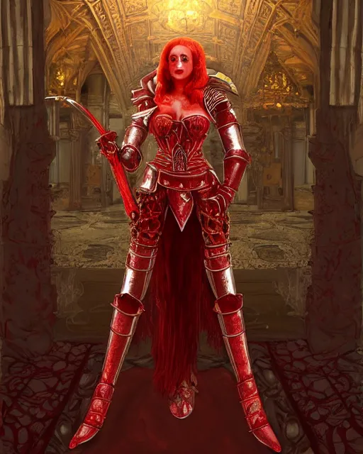 Image similar to redhead queen knight in red armor, inside grand hall in castle with rococo aesthetic, exposed beating heart in chest, crown, face with scars, dark souls 3, intimidating, ominous, evil, high fantasy, intricate detail, digital painting, artstation, concept art, smooth, sharp focus, illustration, art by yoshitaka amano and monia merlo and giger and wlop