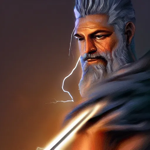 Image similar to Digital painting of Zeus with a lightning sword, hyperdetailed, artstation, terrifying, cinematic lighting, 8k