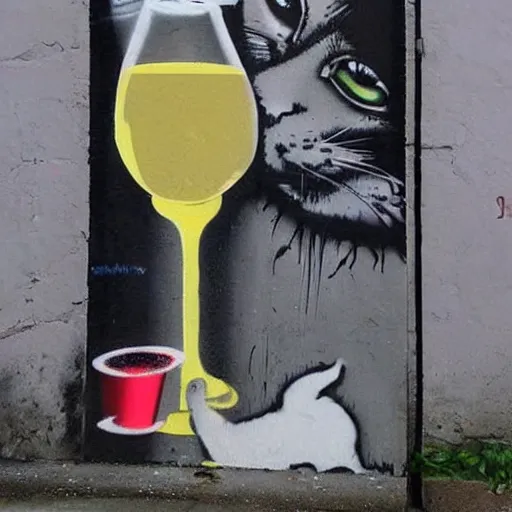 Image similar to Street art of an alcoholic cat who drink wine, by banksy