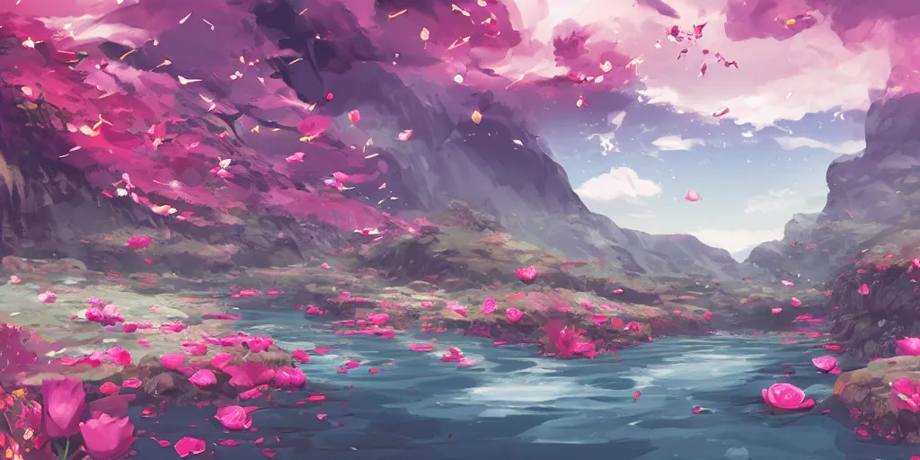 Image similar to background art of flying longswords flowing and floating through the slicing through directional wind on a simple cloudy sky background featuring a canyon bridge, big puffy clouds, large individual rose petals, lotus petals, angular background elements, large polygonal fragments, anime, studio ghibli, artgerm, manga, trending on artstation, art nouveau, mature color scheme