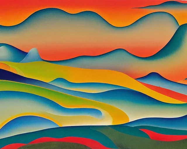 Prompt: An insane, modernist landscape painting. Wild energy patterns rippling in all directions. Curves, organic, zig-zags. Mountains. Clouds. Rushing water. Tarsila do Amaral.