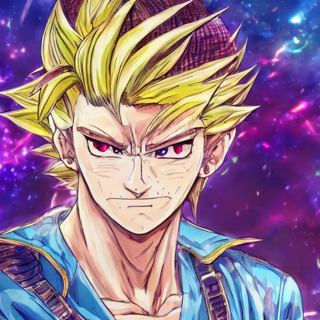 Prompt: handsome anime man channels the universe's energy in the style of jojo's bizarre adventure, ultrafine hyperrealistic detailed face illustration by kim jung gi, toriyama, intricate linework, sharp focus, bright colors, matte, octopath traveler, final fantasy, unreal engine highly rendered, global illumination, radiant light, intricate rainbow environment