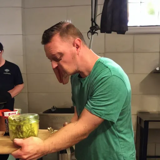 Prompt: Tim Robinson struggling to open a jar of pickles