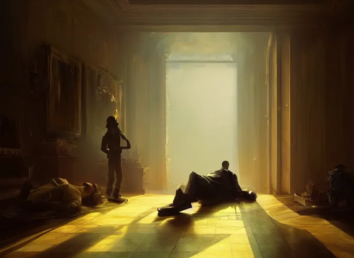 Image similar to the rich golden house and silhouette man lying on the floor alone around volumetric lighting, digital painting, highly detailed, artstation, sharp focus, illustration, concept art, ruan jia, steve mccurry, amazing composition