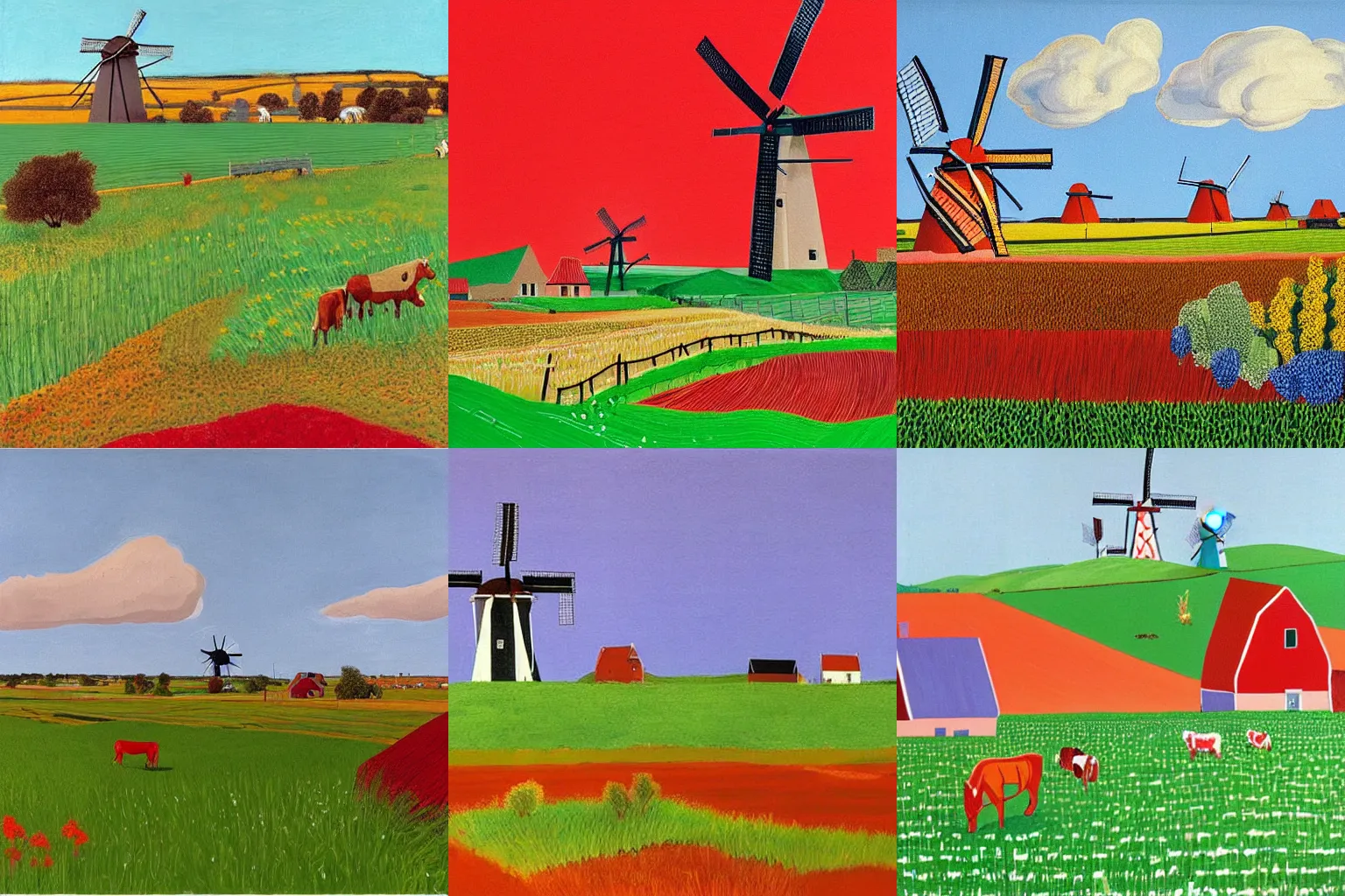 Prompt: a typical dutch landscape, grasslands, cows, windmill, small town, detailed, wide shot, created by david hockney