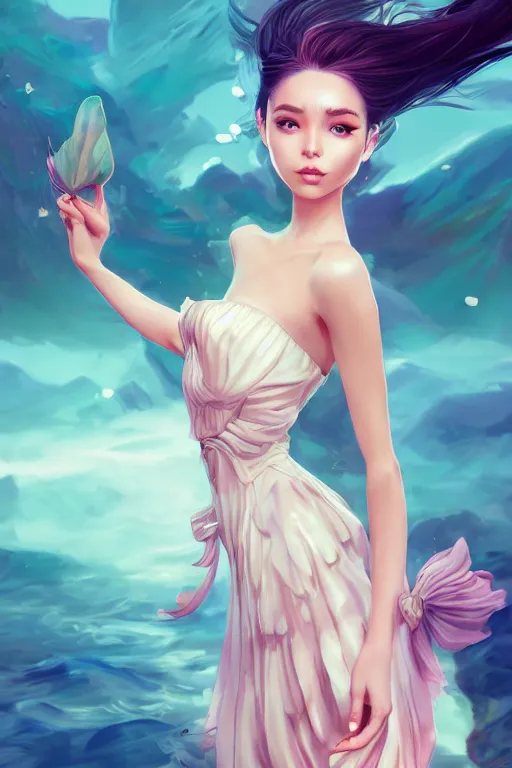 Image similar to a beautiful fashion goddness of love, chic strapless dress, tropical sea background, character design, in the style of artgerm, and wlop, cinematic lighting, hyperdetailed, 8 k realistic, symmetrical, global illumination, radiant light, frostbite 3 engine, cryengine, dof, trending on artstation, digital art