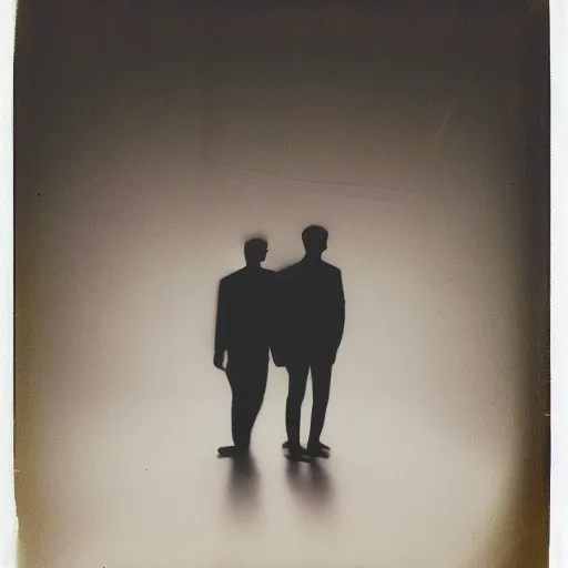 Image similar to Two male silhouettes on an abandoned theatre stage, polaroid picture, colour, bright, vignette, 4k