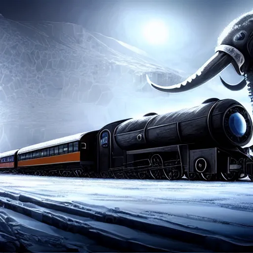 Image similar to a futuristic black steam train and a giant mammoth, post - apocalyptic ice landscape with heavy snow, concept art, artstation, highly detailed, digital art