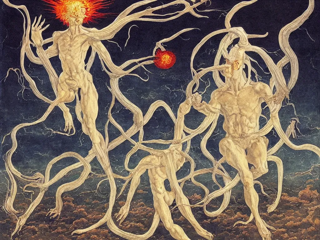 Prompt: Albino demigod in a white cloth taming the nuclear explosion in space. Limbs, flares, living tendril creatures. Painting by Lucas Cranach, Moebius, Max Ernst