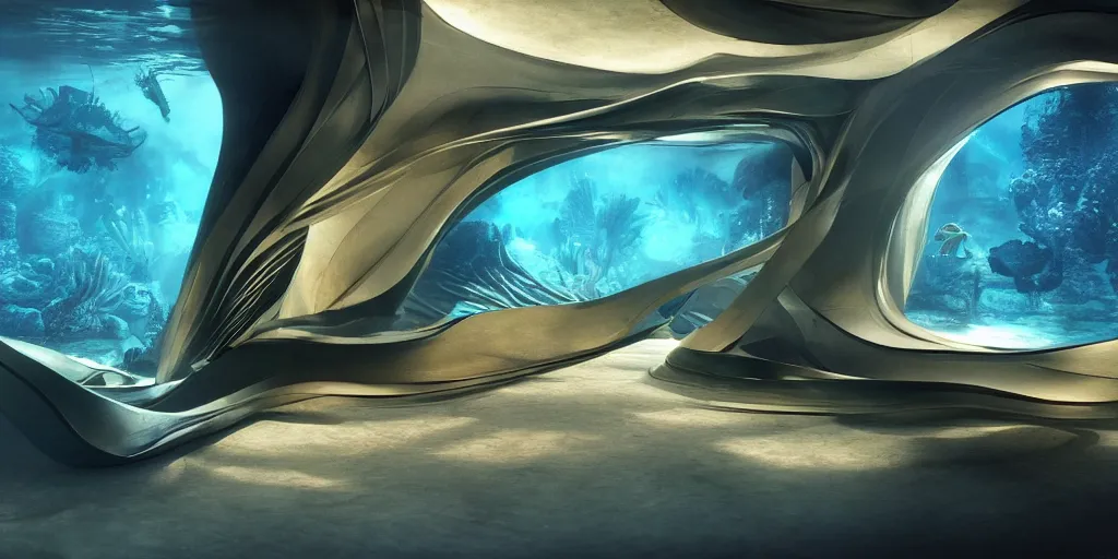 Image similar to underwater living habitat designed by zaha hadid, cinematic lighting, deep focus, sharp focus, golden ratio, dramatic illumination, hdr, ultra realistic, 8 k, highly detailed, trending on artstation, epic composition, by caravaggio, by artemisia lomi gentileschi