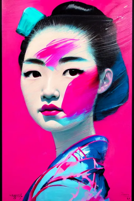 Image similar to portrait of a stylized japanese young geisha, painted in acrylic, pigment textures, in the colors hot pink and cyan, beautiful realistic face, rule of thirds, spotlight, by greg rutkowski, by jeremy mann, by francoise nielly, by van gogh, by ross tran, in focus