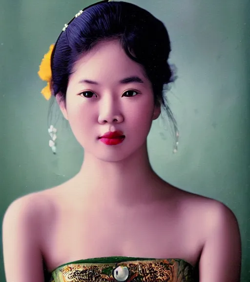 Image similar to vintage_closeup portrait_photo_of_a_stunningly beautiful_vietnamese_woman with amazing shiny eyes, hyper detailed by Annie Leibovitz