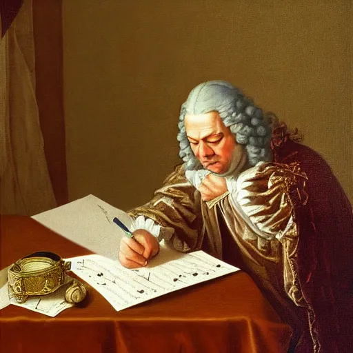 Image similar to highly detailed painting of bach writing a piece of music on a sheet of paper, he is inside of a wooden shack, 4 k resolution, by jaquis luis david, visible paint layers, renaissance.