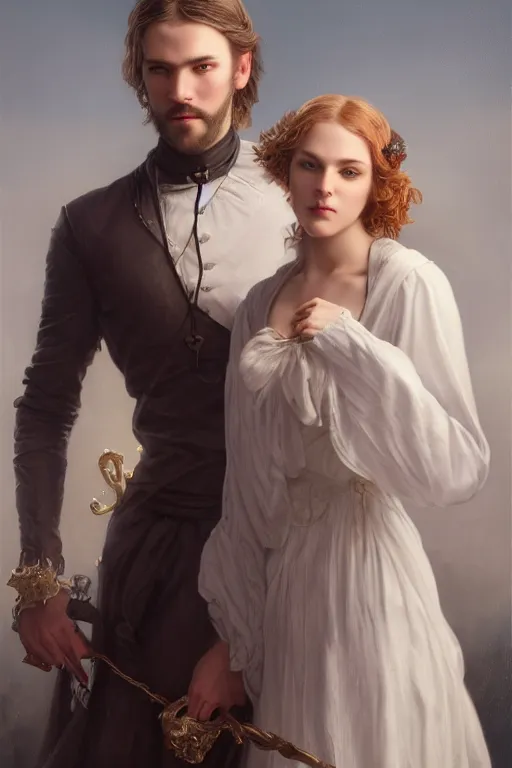 Image similar to a portrait of handsome young male nordic Satan and his elegant beautiful nordic cultist wife, bored, illustration, dramatic lighting, soft details, painting oil on canvas, art nouveau, octane render, HDR, 4k, 8k, HD, by Edmund Blair Leighton, Brom, Charlie Bowater, trending on artstation, faces by Tom Bagshaw, Sargent