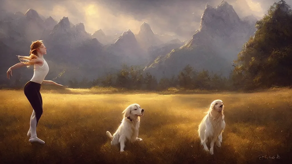 Prompt: “ ballet girl dance with a white golden retriever besides a red cottage, mountains in the background, soft lighting, by charlie bowater, by greg rutkowski ”