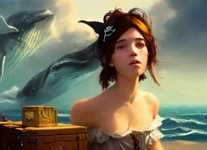 Image similar to wide view picture of a pirate girl, looking at the treasure box, hard breathing, messy hair, very excited, sparkling eyes, magic and fantasy, whale monsters, beautiful and aesthetic and attractive and highly detailed face, specular reflection, occlusion shadow, intricate, bokeh, masterpiece, by ilya kuvshinov and jeremy lipking and quentin mabille