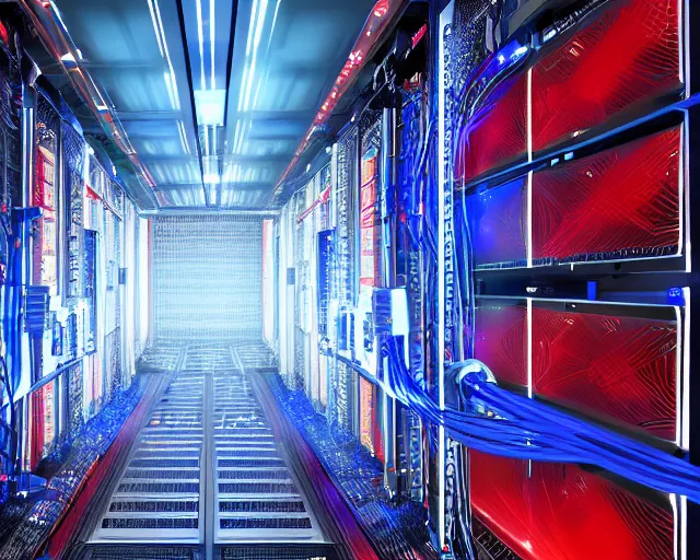 Prompt: datacenter with server in the middle, red laser grid, deep view, heavy blue led lights, wires connected, award winning, extremely detailed, artstation, 8 k, incredible art