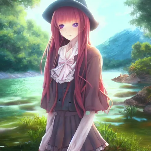 Image similar to a very beautiful anime girl, cottagecore witch, rosy hair, teal clothing, summer lake setting, highly detailed, trending on Artstation, Unreal Engine 4k, cinematic wallpaper by Stanley Artgerm Lau, WLOP, Rossdraws, James Jean, Andrei Riabovitchev, Marc Simonetti, and Sakimichan