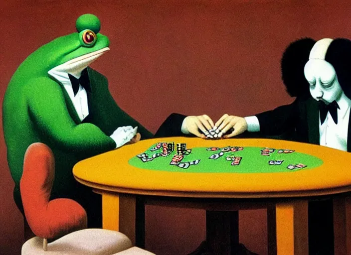 Prompt: The Clown Frog King gets completely wiped out in a game of poker, painting by René Magritte and Robert Crumb and Ralph McQuarrie