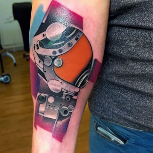 Prompt: arm tattoo of a hole in the skin with multicolored robotic mechanics inside under the skin, insanely integrate, 3 d