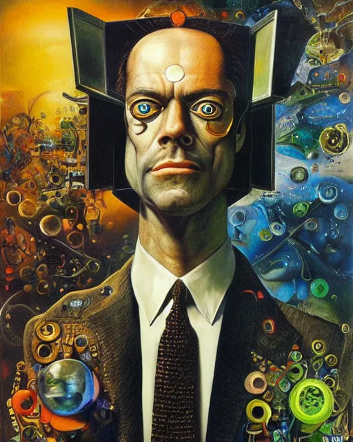 Prompt: a surrealistic portrait of Agent Smith, face in detail, painting by Patrick Woodroffe and Salvador Dali, highly detailed, trending on artstationhq