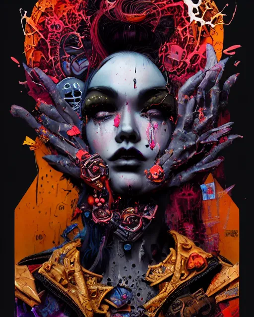 Prompt: dark queen of chaos, mixed media, a brutalist designed, vivid colours, cryptic, mystical, pop surrealism by james jean, roby dwi antono, ross tran, steven kenny, paul neberra, ashley wood, glitch, atmospheric, trending on artstation, black and gold, 8 k masterpiece.