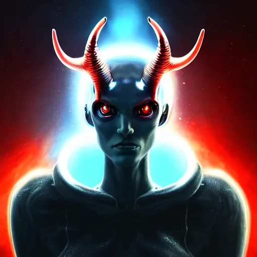 Image similar to portrait of realistic alien with horns. red eyes, human eyes, background flames, sci - fi, tech wear, volumetric lighting, intricate, elegant, highly detailed, digital painting, artstation, concept art, illustration, bokeh, film noir - h 7 0 4