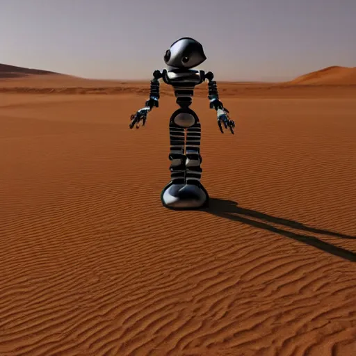 Image similar to robot marduder lost in sahara, photo realistic, highly detailed