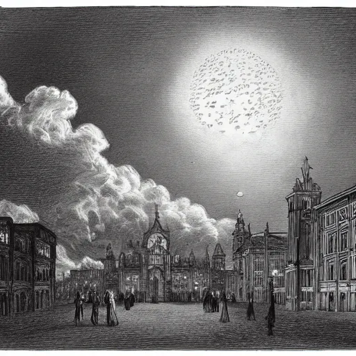 Image similar to Drawing of the city Mainz, gentleman, victorian ladies, dramatic clouds, moon, depth, Chiaroscuro, illustration by Gustave Doré