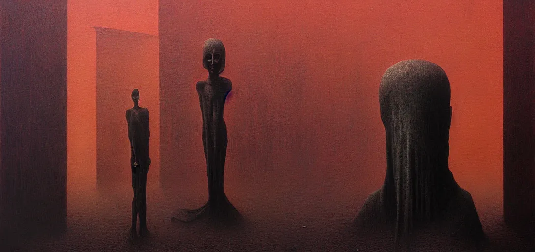 Image similar to deep shadows horror dystopian surreal painting of a single eerie head statue surrounded by buildings by zdzisław beksinski, poverty, broken, relic