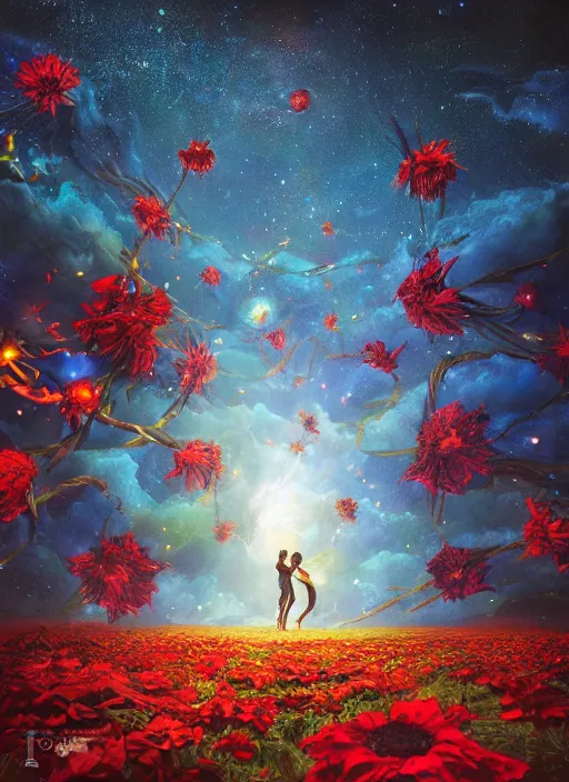 Image similar to An epic fantastic realism comic book style painting of the most beautiful entwined flowers launched across the dark and starry night sky, nebulous bouquets, fisheye lens, unreal 5, DAZ, hyperrealistic, octane render, dynamic lighting